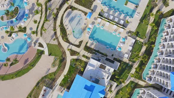 Aerial top-down forward over deserted Tui Blue Sensatori resort, Cap Cana in Dominican Republic