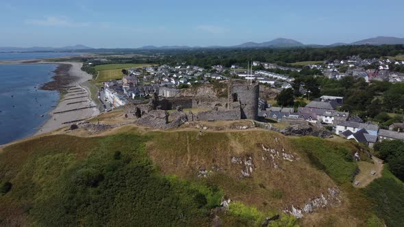 Drone footage of Criccieth Castle on the North Wales Coast in the area of Gwynedd, Wales, UK