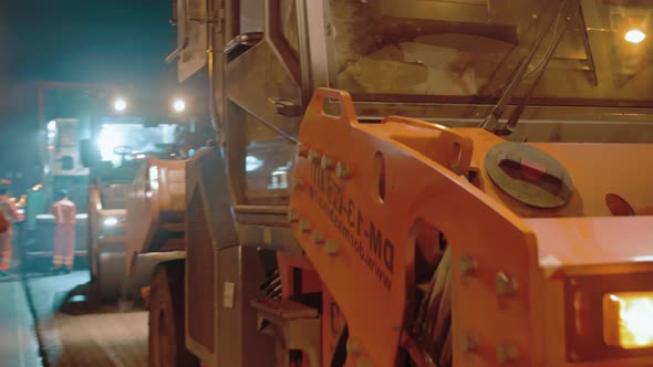 Road Roller Closeup Road Roller Drum Laying Asphalt