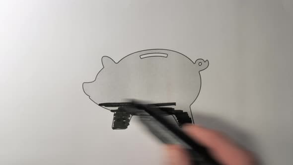 Coloring the Piggy Bank Illustration with the Black Pen