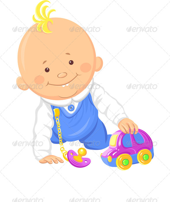 Vector Baby Boy Playing with a Toy Car
