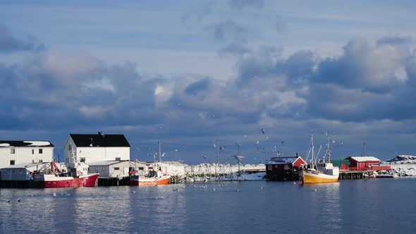 Norwegian Winter Landscape With The Multicolored Rorbu And Fishing Ships 23