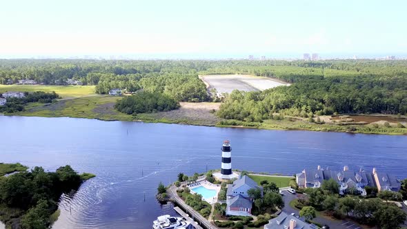 Aerial view of marina with lighthouse in South Carolina.