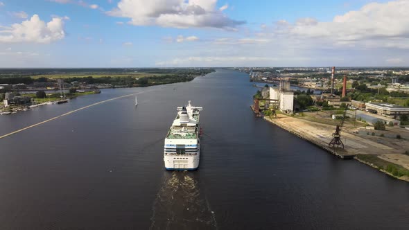 Cruise ship on the river aerial view