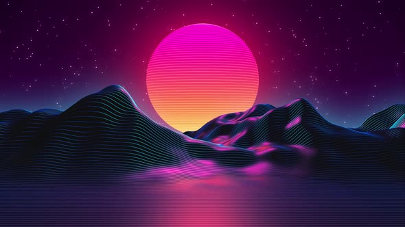 80s Synthwave Styled Landscape and Sunset 4K alt