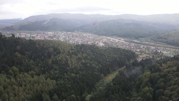 Aerial View of the Village in the Carpathian Mountains in Autumn. Ukraine