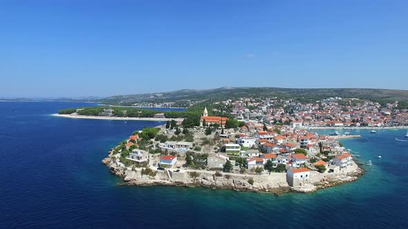 Aerial view of old dalmatian town of Primosten, Croatia