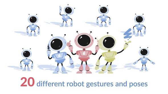 20 robot character animations with different gestures and poses