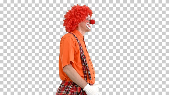 Funny clown with red hair walking comically, Alpha Channel