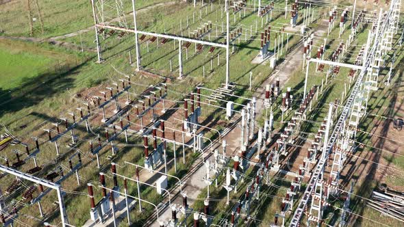 Electrical substation - grid of high voltage power lines and wires for long-range transmission