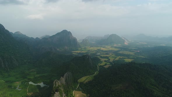 Nature landscape near town of Vang Vieng in Laos seen from the sky