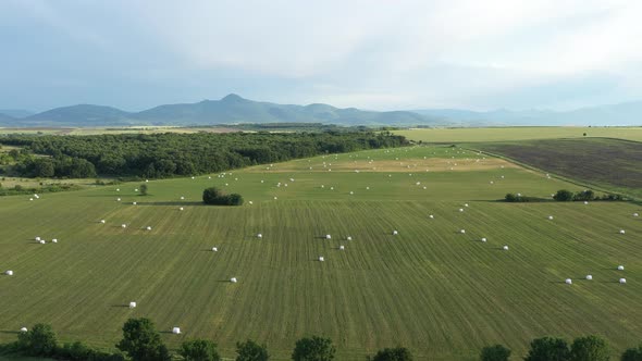 Aerial View On Farm Fields With Baled Hay 1