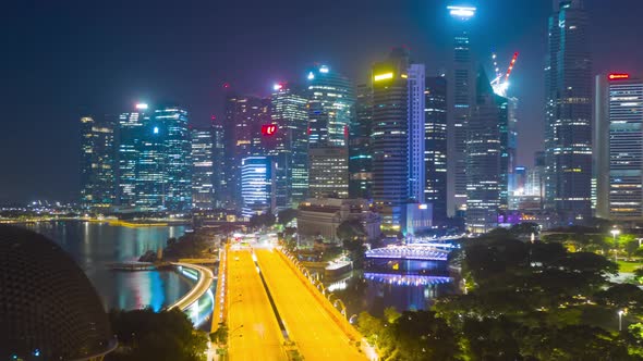 Aerial view traffic with background Singapore landmark