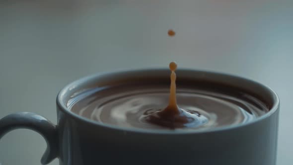 Espresso Coffee Drop Into the Filled Cup From the Coffee Machine in Slow Motion