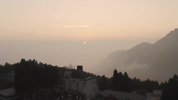 Sunset aerial view of Alishan, Chiayi, Taiwan. Shot on Mavic 2 Pro 4K UHD.