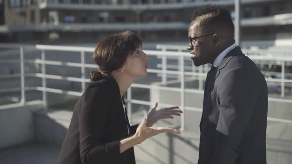 Side View of Angry Colleagues Arguing Outdoors. Stressed Caucasian Woman and African American Man