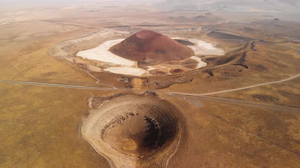 Flying Over Volcanic Crater on Mars, Exploring Red Planet From a Spaceship