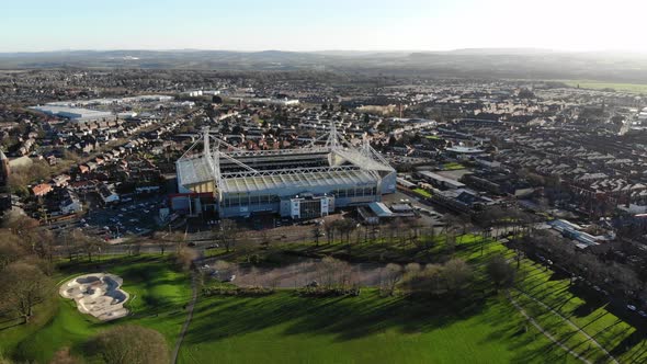 An aerial view of Deepdale Stadium on a winter sunny day