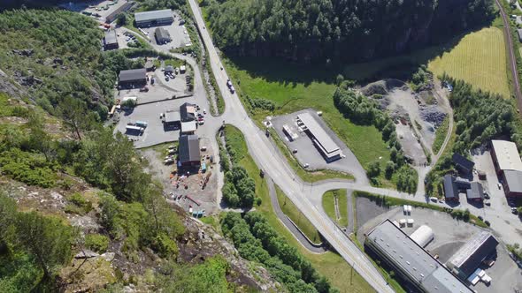 Scectacular view from high altitude mountainside over Norway infrastructure and highway E16 at Dalek