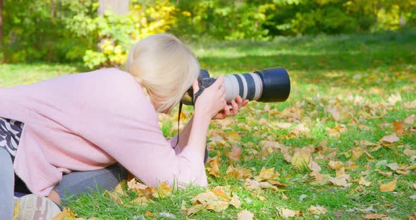 Plump Blonde Woman Photographer Shoots Sunny Autumn Park