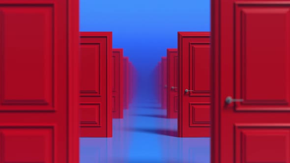 Rows of red wooden closed doors on a blue background