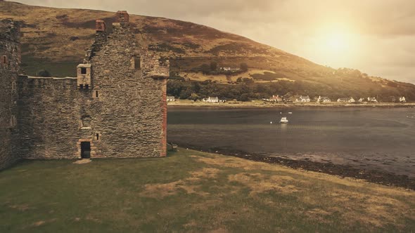 Closeup Castle Walls Ruins at Sun Seascape Aerial