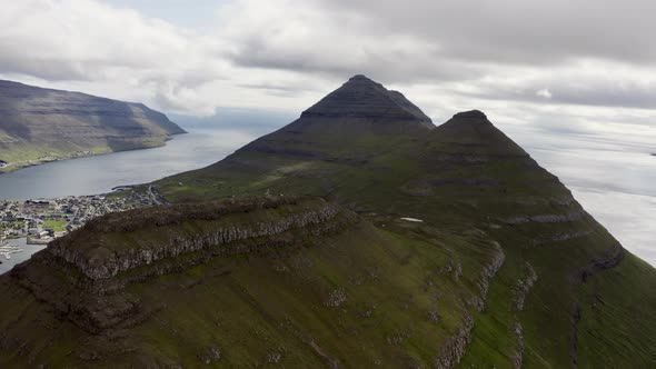 Drone Of Klakkur Mountain With Klaksvik Town Below