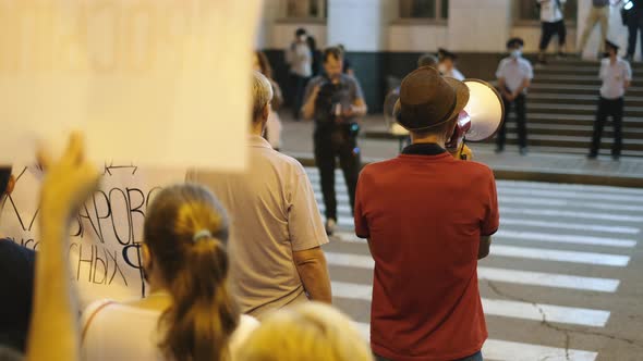 Megaphone Speakers on Political Rally Bullhorn Speech on City Riot Protest