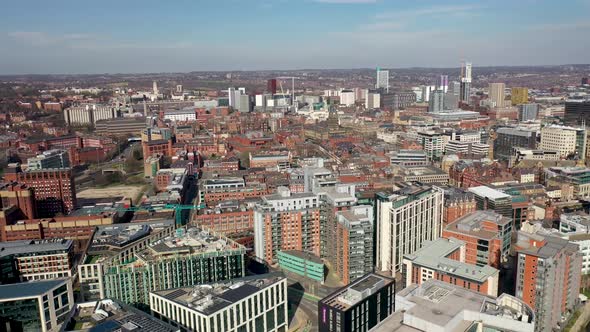 Aerial footage of the British town of Leeds in West Yorkshire UK