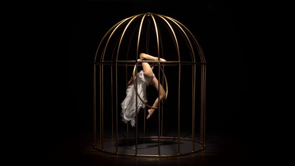 Artist on the Gymnastic Hoop Performs Tricks in a Cage . Black Background