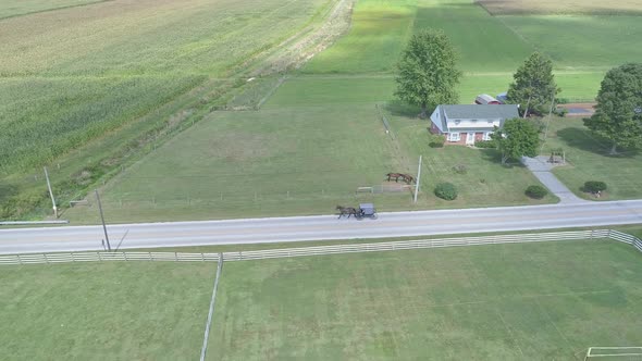 Aerial View of Following an Amish Horse and Buggy Down the Road in the Amish Countryside