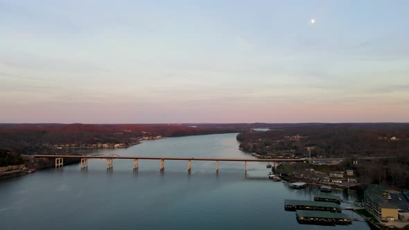 Sunset at Bridge Crossing the Lake of the Ozarks in Missouri, Aerial