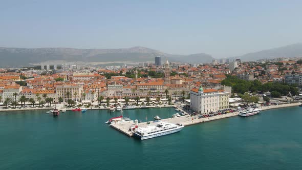 Aerial view of Split old town cityscape, Croatia. Moving forward drone shot, showing ancient roman t