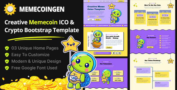 Memecoin Gen – Meme coin ICO & Crypto Bootstrap Template – 0 Sold!