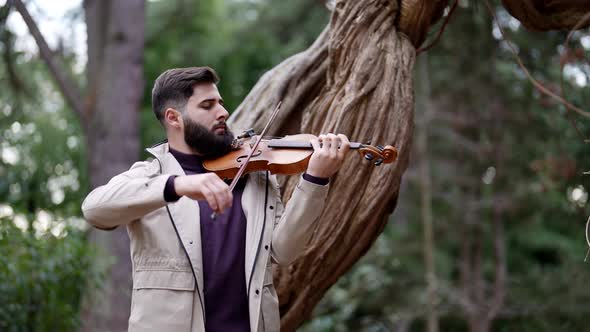 Classical Musician is Playing Violin in Woodland Mysterious Man with Fiddle