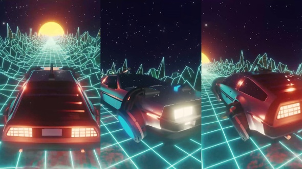 Flying 3D car of the retro-futuristic 80s style