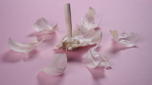 Husk and peeling garlic creatively laid on a delicate pink background. 