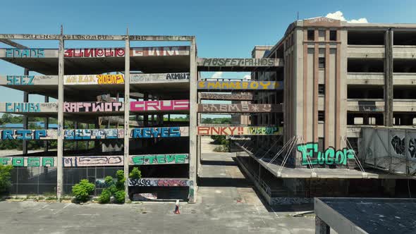 Aerial approach of an abandoned US Marine Corp Support Facility in New Orleans post hurricane Katrin