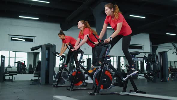 Athletic Women Group Ride on Spin Stationary Bike Training Routine in Gym Weight Loss Indoors