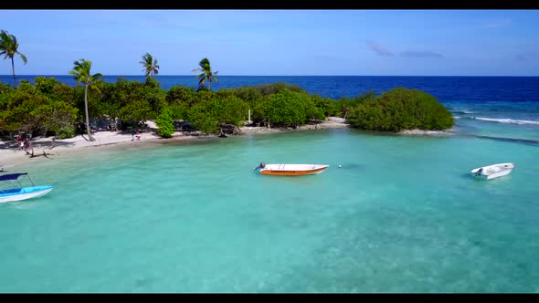 Aerial drone travel of paradise tourist beach holiday by aqua blue ocean and white sandy background 