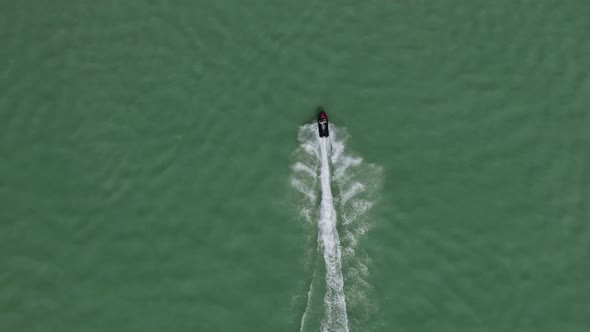 Aerial of popular water sport activity. Jet Ski on Utah Lake top down view