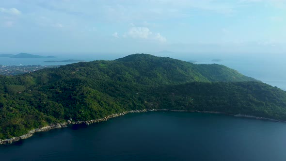 Aerial panorama of tropical resort territory and beach, beautiful Andaman sea at west coast of Phuke