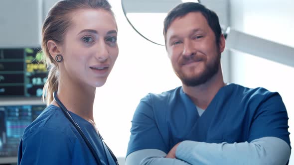 Professional medical doctors working in emergency medicine. Portrait of surgeon and the nurse.