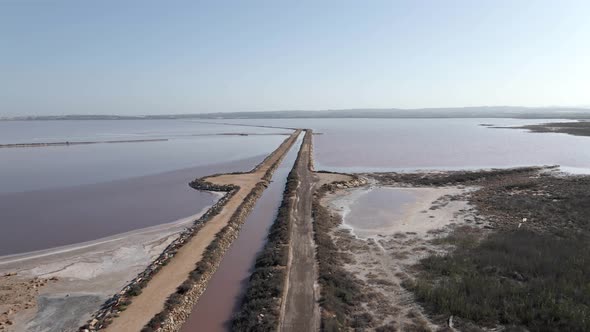 Drone Flying Over Canal De Las Salinas On The Salt Lake In Torrevieja Alicante Spain