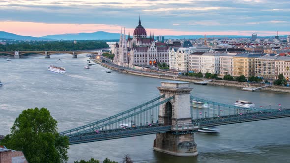 Budapest with Parliament building and Danube river at sunset