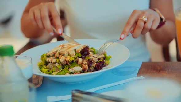 Woman Eat Salat. Fresh Salat.Healthy Lunch  Woman On Diet.Girl Eat Fresh Salad Dish On Restaurant.