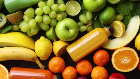 Healthy Food Concept. Various Mixed Fruits, Vegetables and Juices Formed in Rainbow