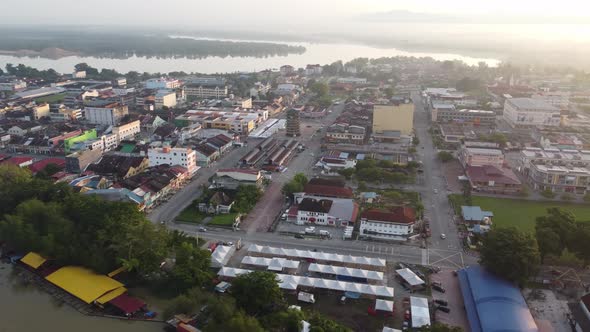 Aerial view morning sunshine over old town