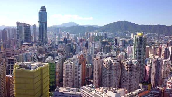Drone fly over the Kowloon Peninsula in Hong Kong city