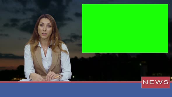 Female News Presenter in Broadcasting Studio With Green Screen Display For Mockup Usage